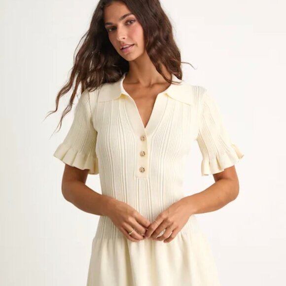 Lulus Yavina Cream Collared Skater Sweater Mini Dress White - Size S - Picture 6 of 6